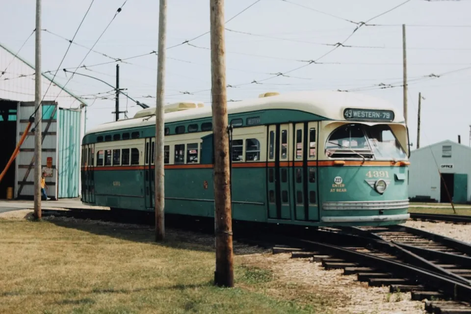 Green vintage Chicago streetcar from the 1940s parked at the Illinois Railroad Museum in 1988.